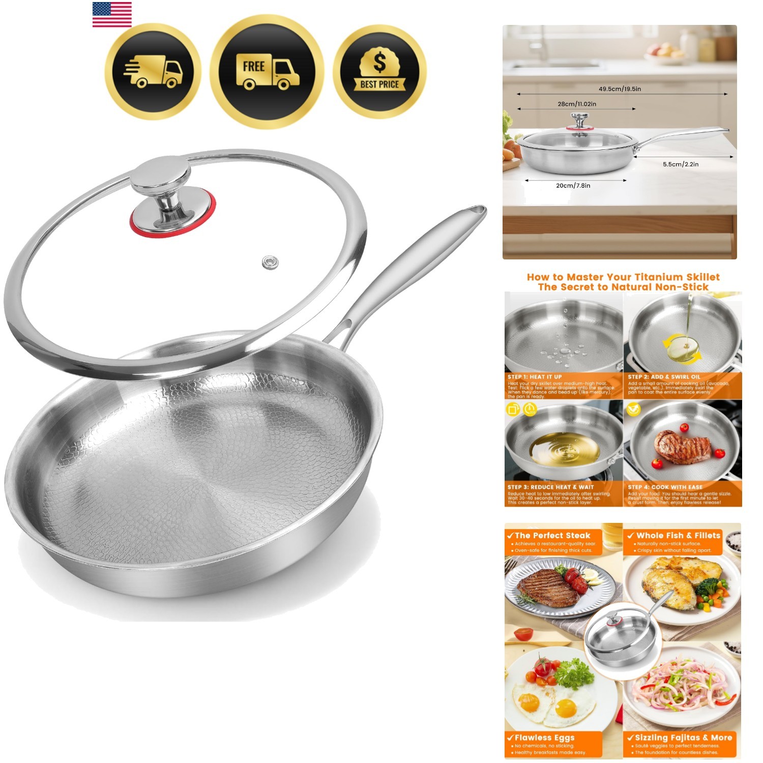 Titanium Hammered Frying Pan Non-Stick Skillet for All Stovetops 11in