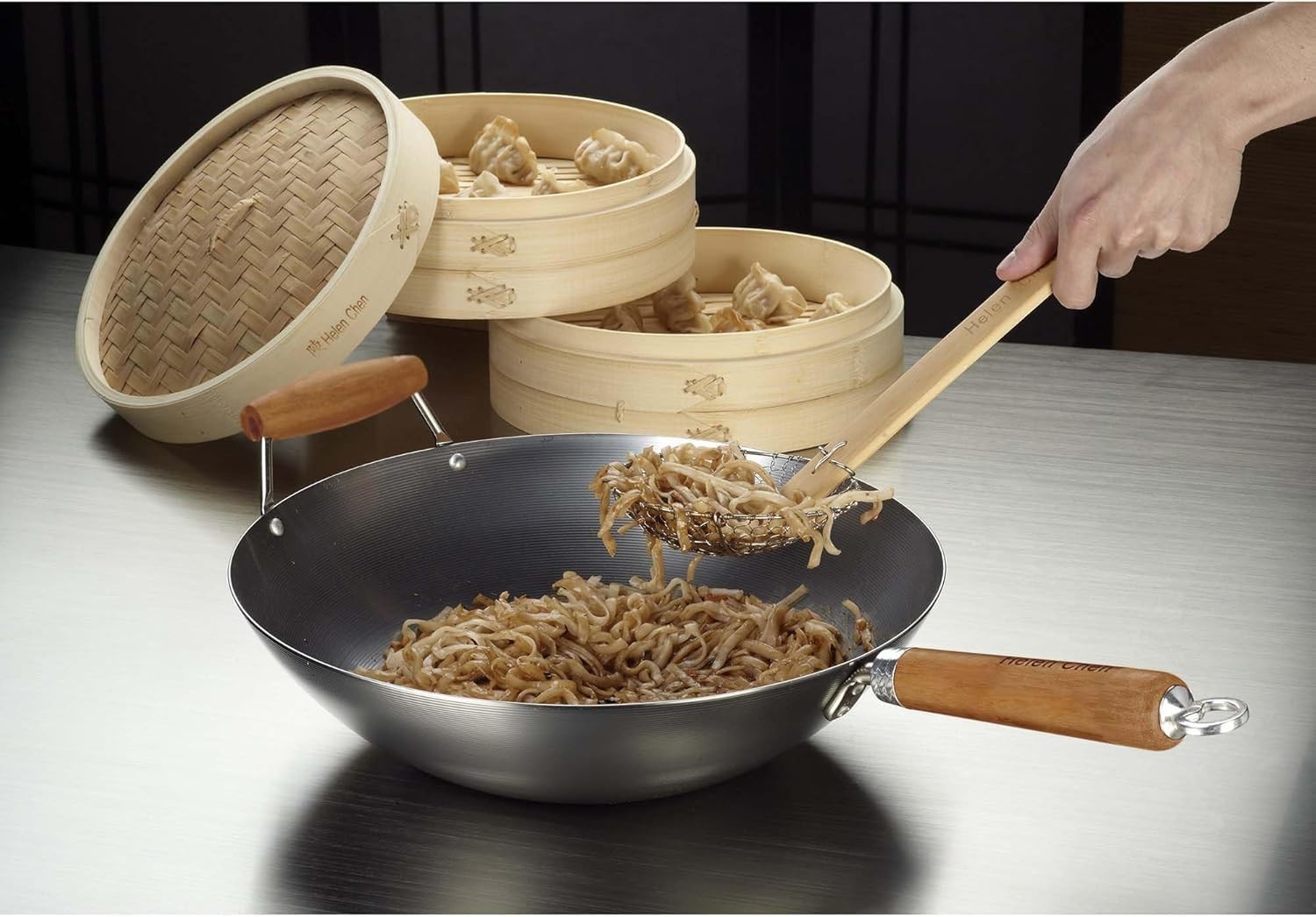 14-Inch Carbon Steel Wok with Bamboo Handle for Asian Cooking
