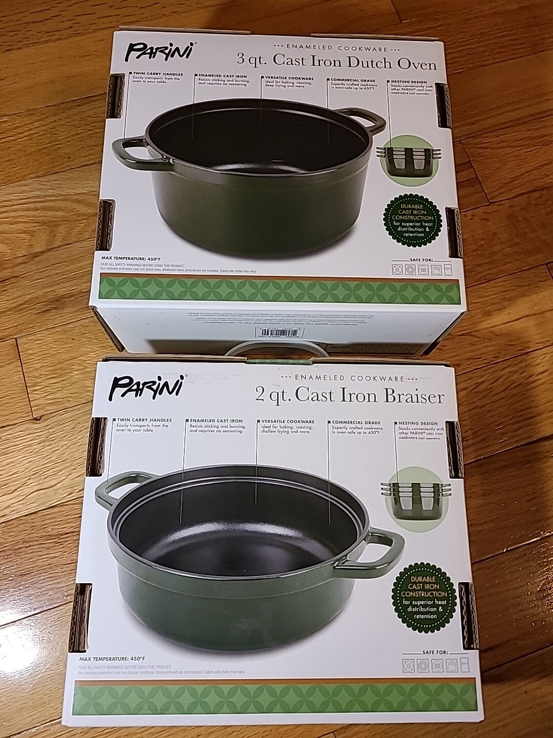 Parini 2 qt Cast Iron Braiser and 3 qt Cast Iron Dutch Oven New Sealed (No Lid)