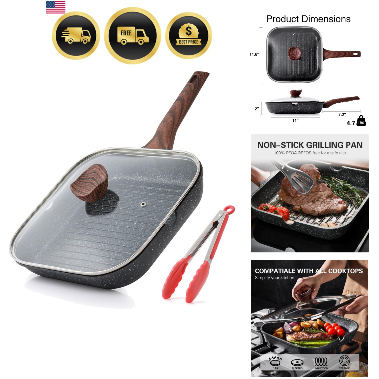 Nonstick Grilling Pan with Lid for Stove Tops, 11 Inch Square Grill Pan for I…