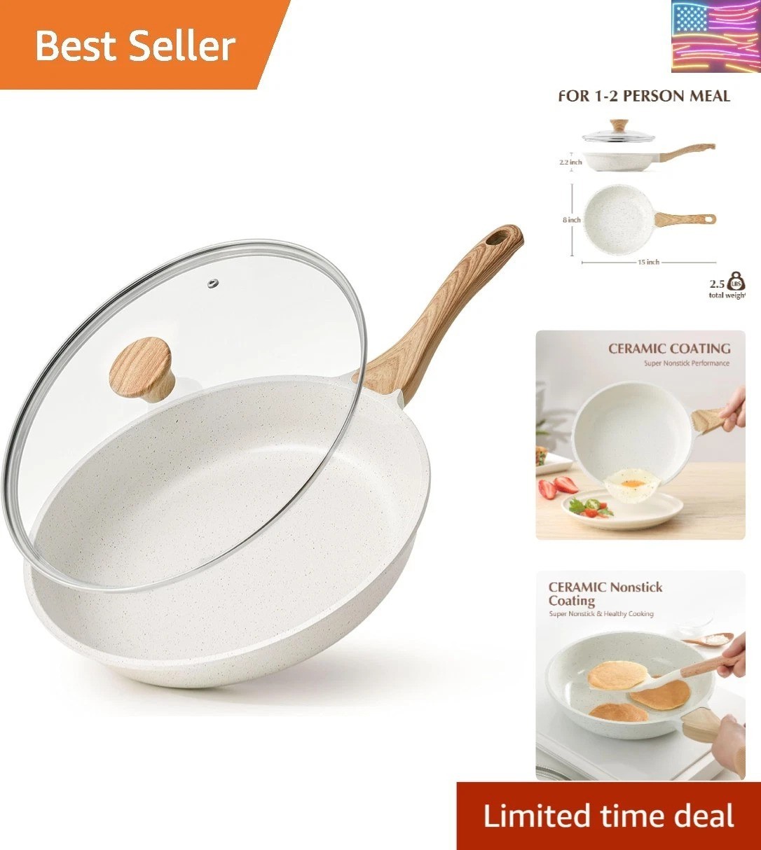 Nonstick Ceramic Frying Pan with Lid 8/9.5/10/11/12.5 Inch Omelet Pan Skillet..,