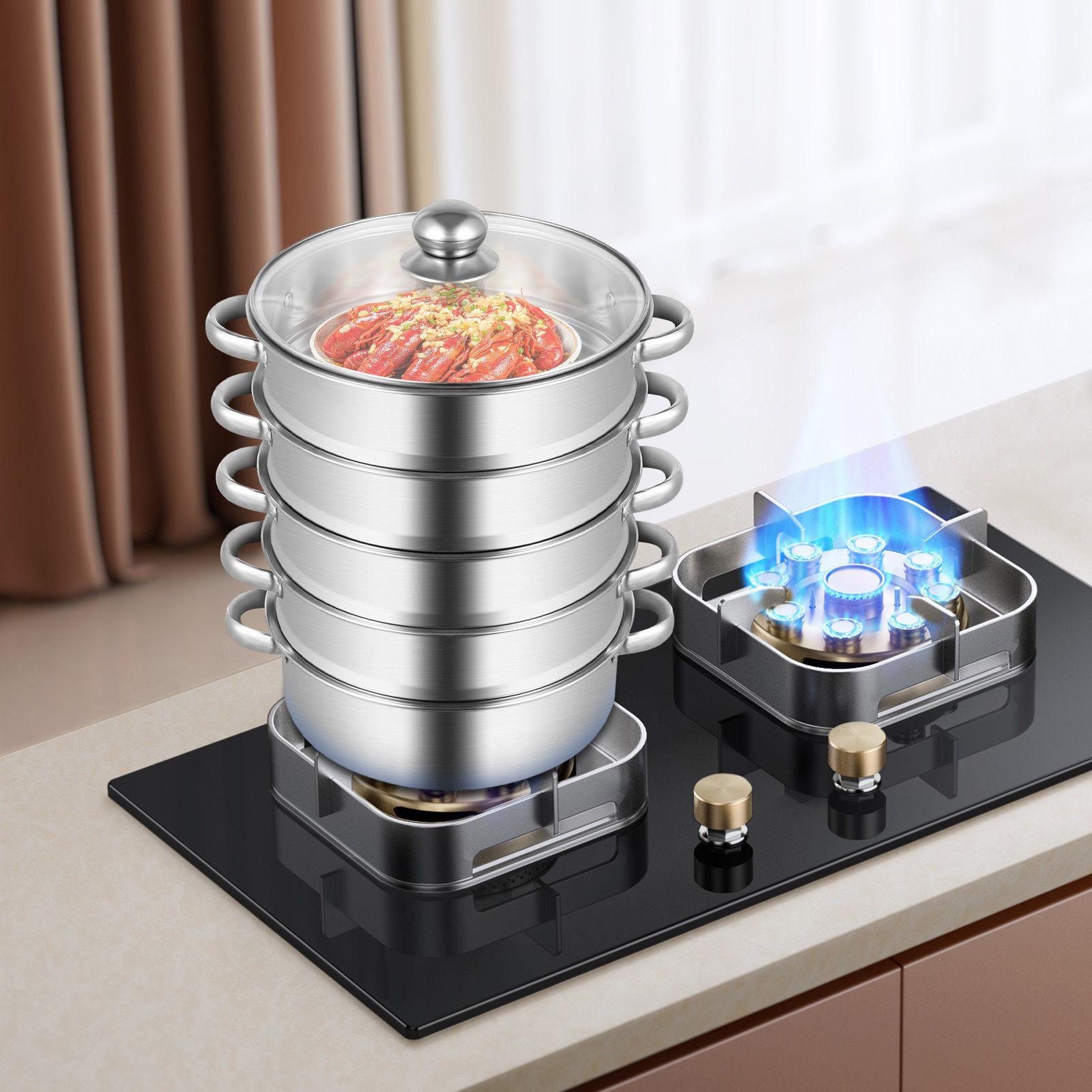 5 Tier Stainless Steel Steamer Cooker Steam Pot Kitchen Food Cooking + Glass lid