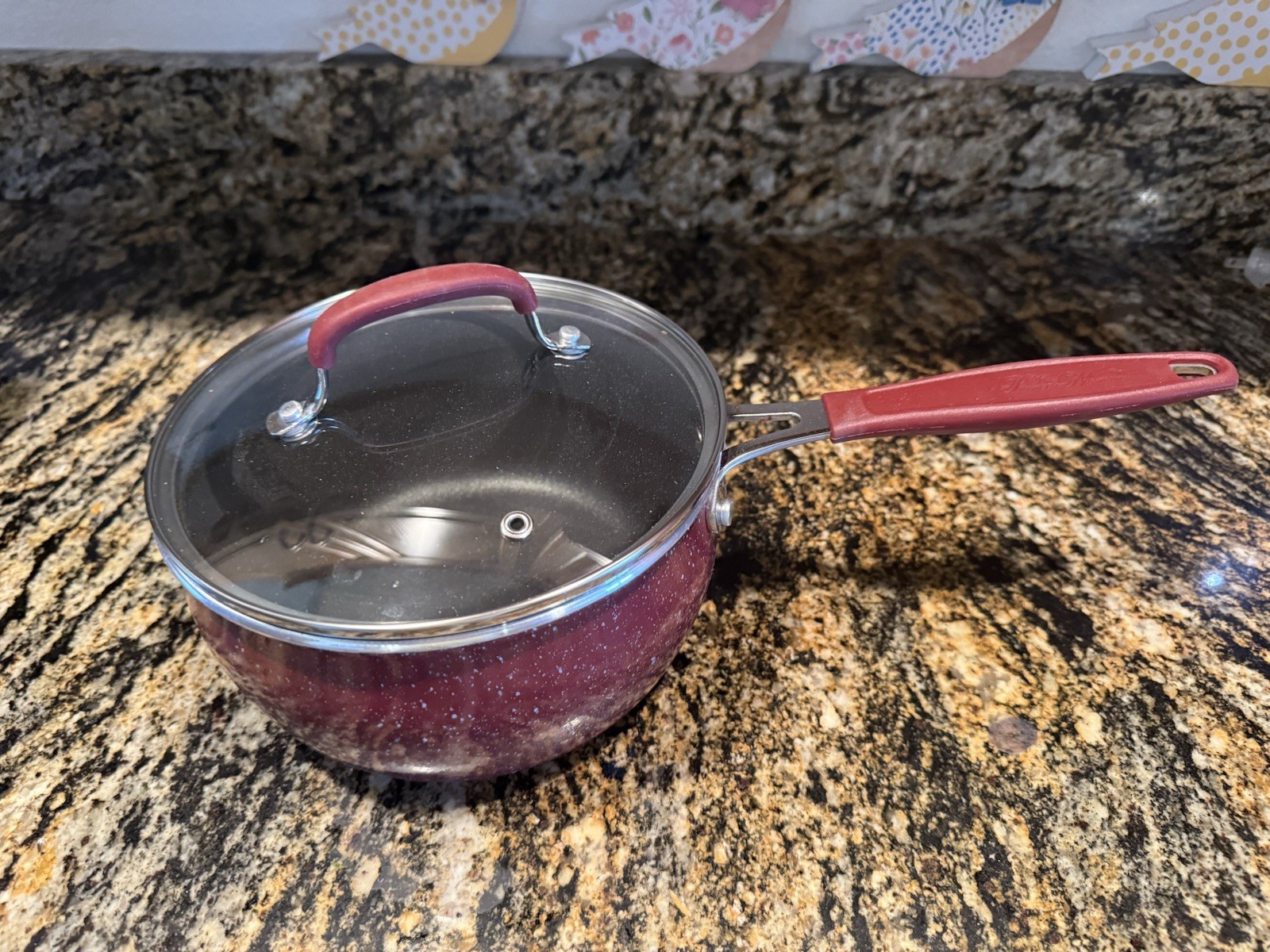 The Pioneer Woman Frontier Speckle 2.5 Quart Saucepan With Vented Lid Merlot New