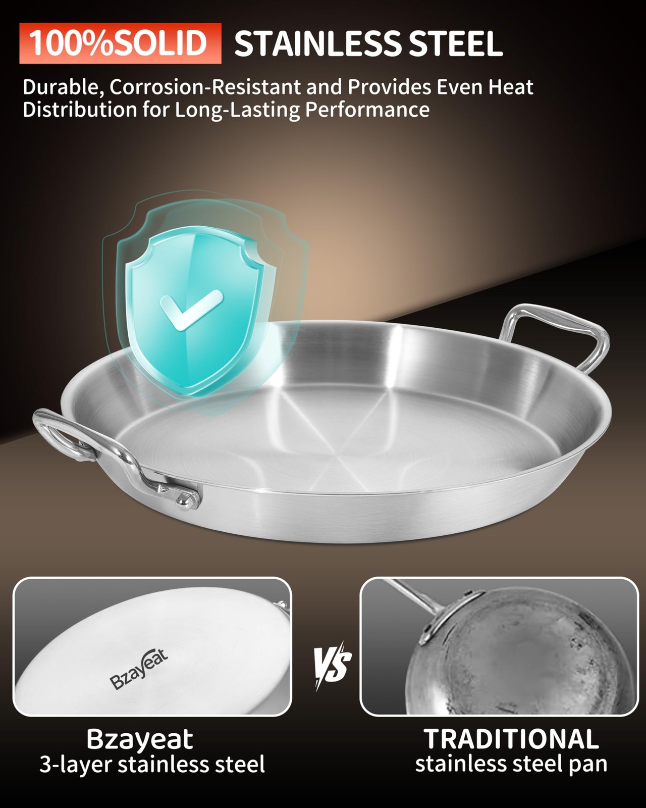 12 Inch Paella Pan, Tri-Ply Stainless Steel Large Spanish Rice 12”, Silver