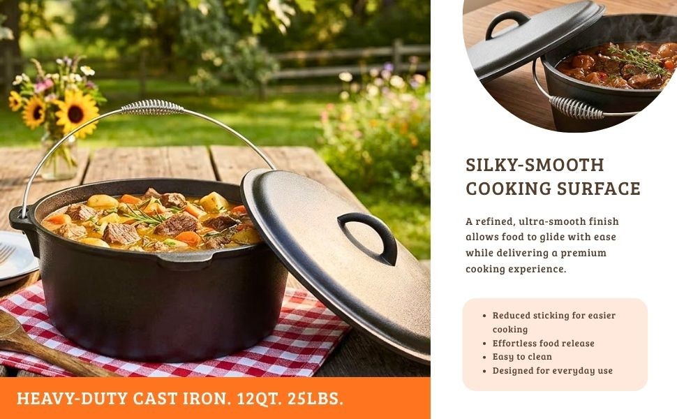 12 Quart Cast Iron Dutch Oven with Dome Lid & Bail Handle