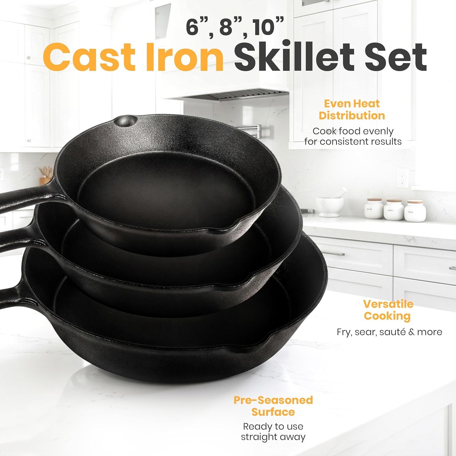 3 Piece 6 8 & 10 in Kitchen Cast Iron Skillets Pre Seasoned Stove Grill Black
