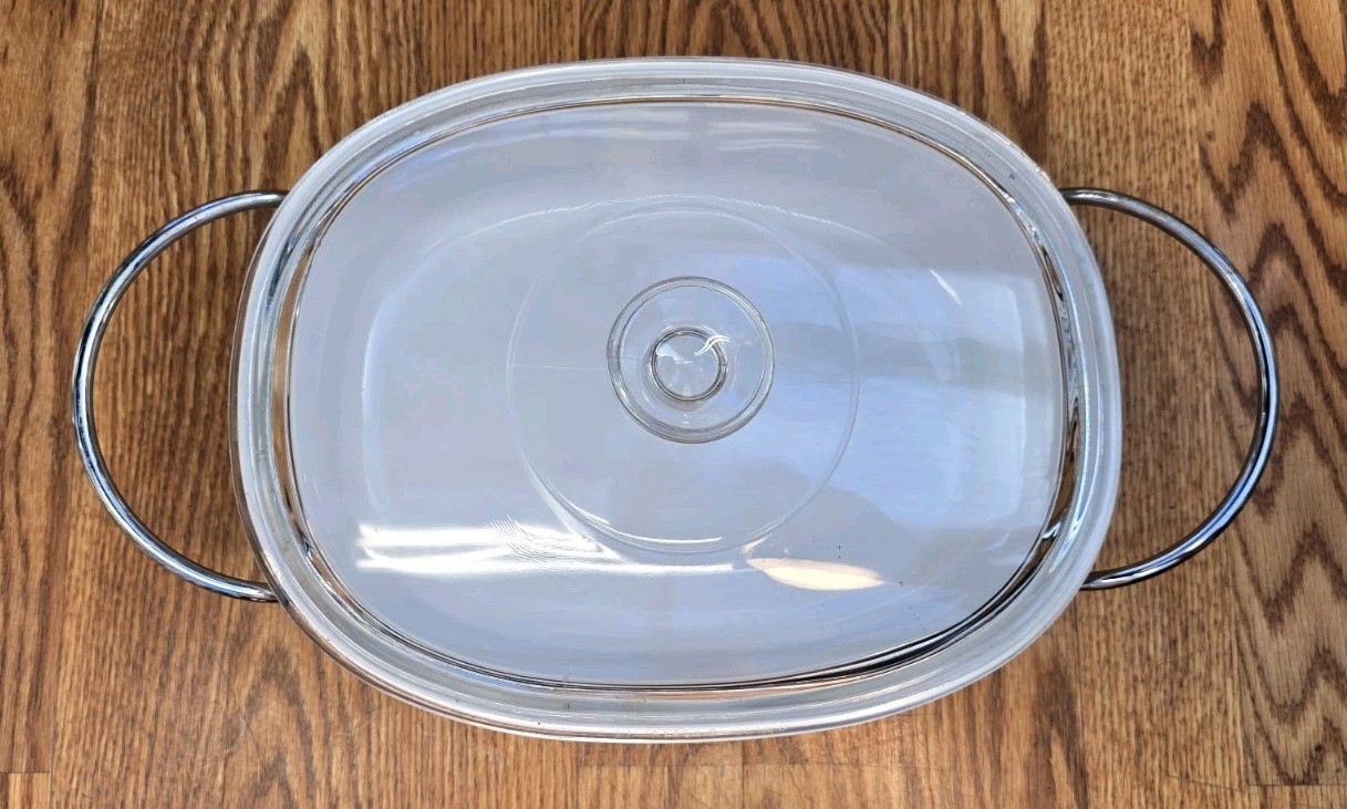 Vtg Corning Ware French White F-2-B Pyroceram Oval Casserole Dish Lid & Cradle