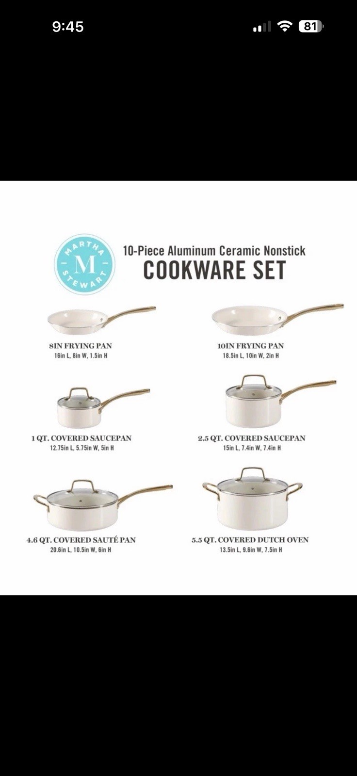 Martha Stewart Lockton Premium Nonstick Ceramic 10 Piece Pot Pan Set White Gold