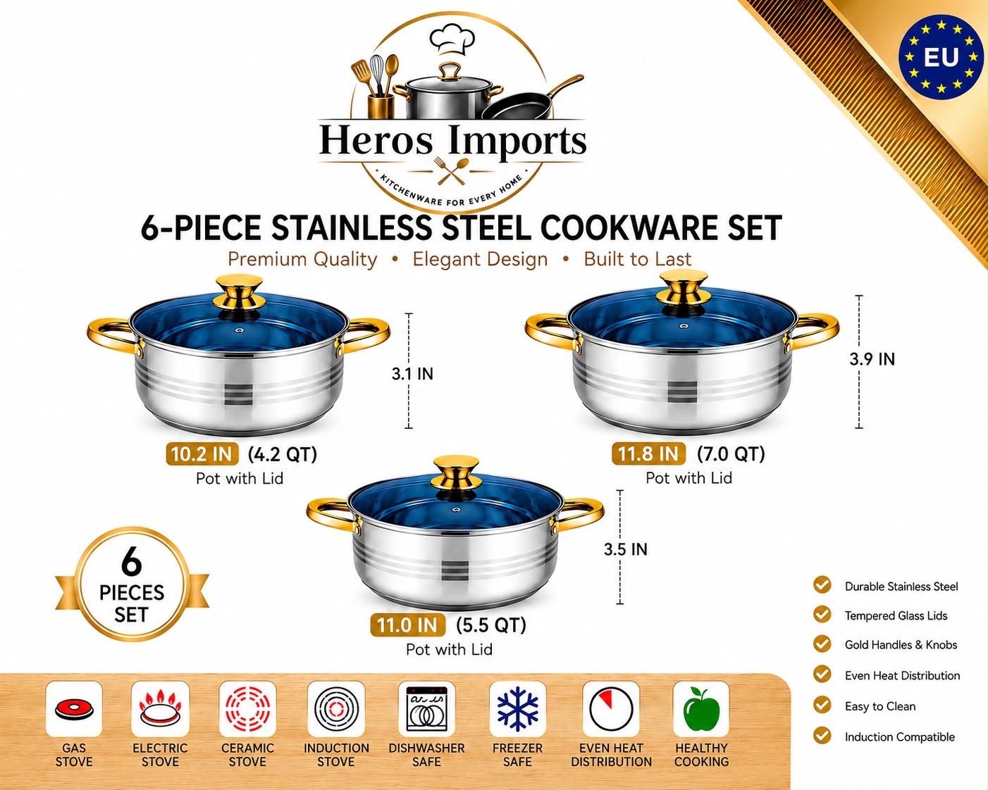 6 Pc Stainless Steel Pots & Lids Set Induction Ready Gold Handles- BULGARIA