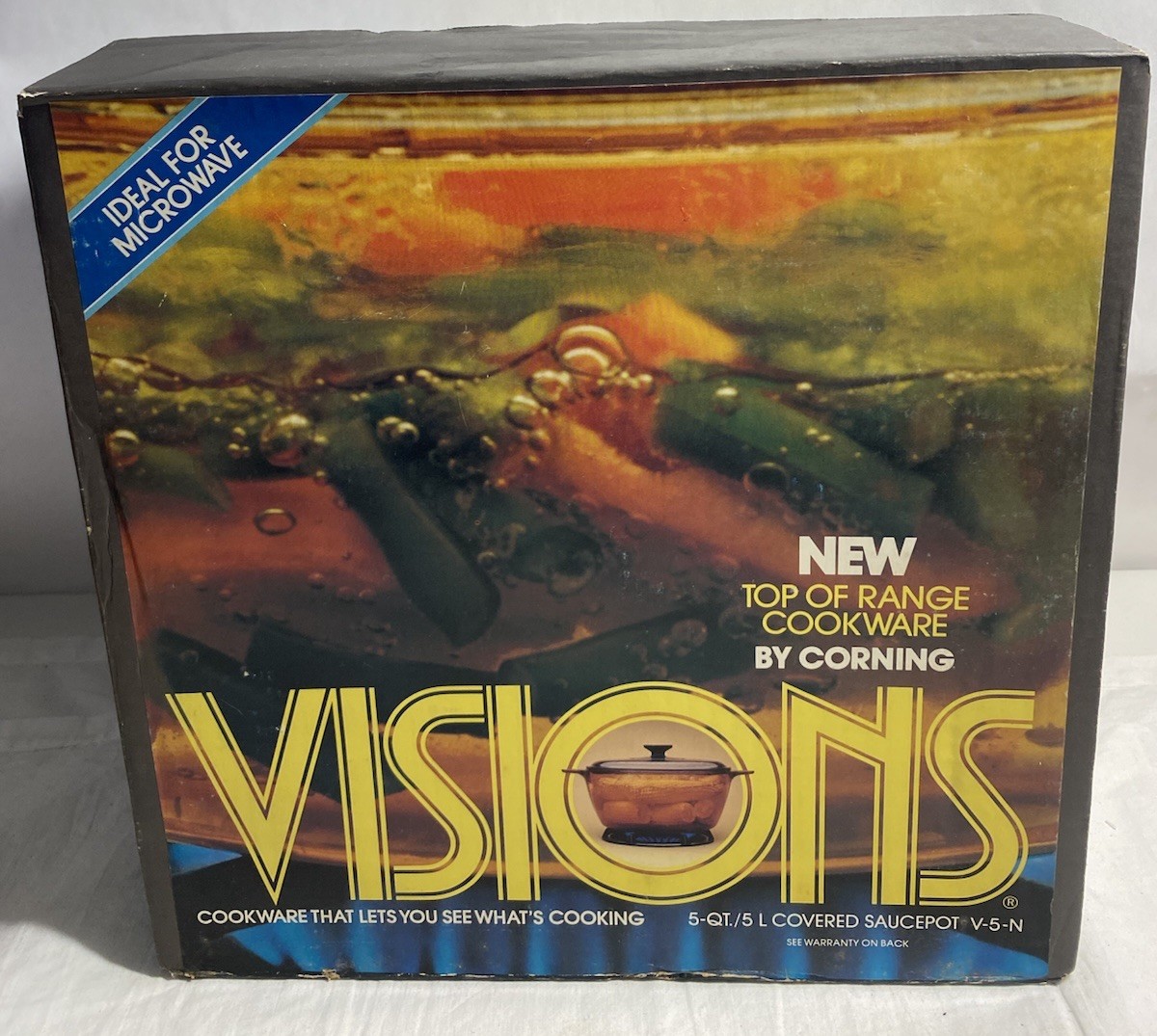 New 1980s NOS Corning Visions V-5-N Covered Saucepot Amber 5-Quart Collectible