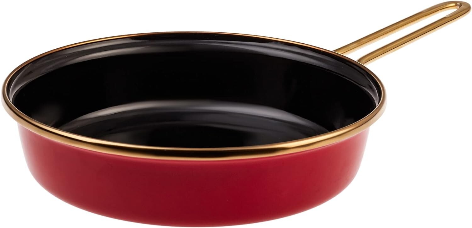 Retro Enamel Frying Pan and Shallow Frying Pan Set, 2 Pcs, White&Red, Non-Stick,