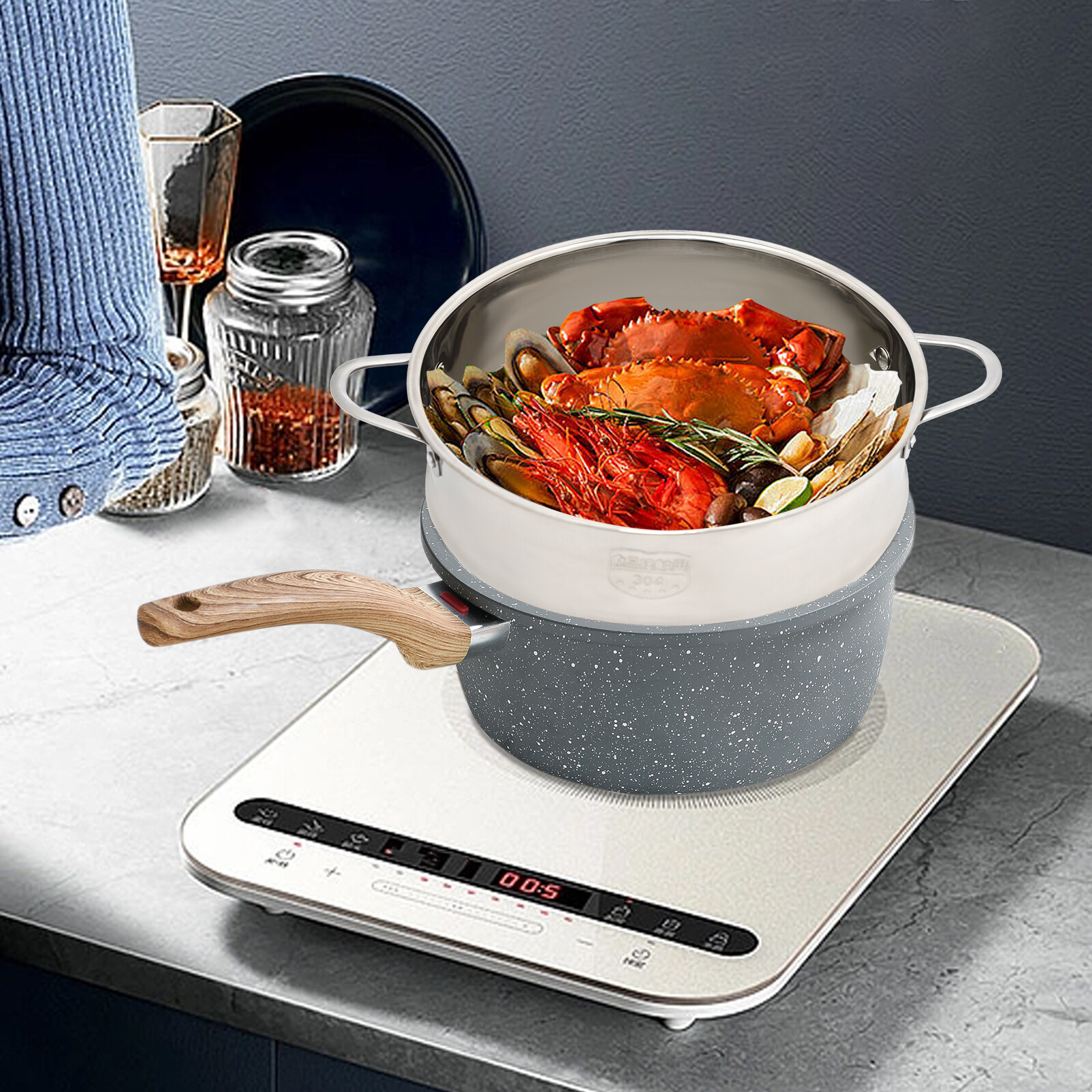6.3*2.36in 304 Stainless Silver Round Steamer Pot For All Cooking Surfaces