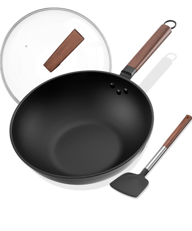 Carbon Steel Wok – Including Glass Cover and Silicone Spatula, 13-Inch