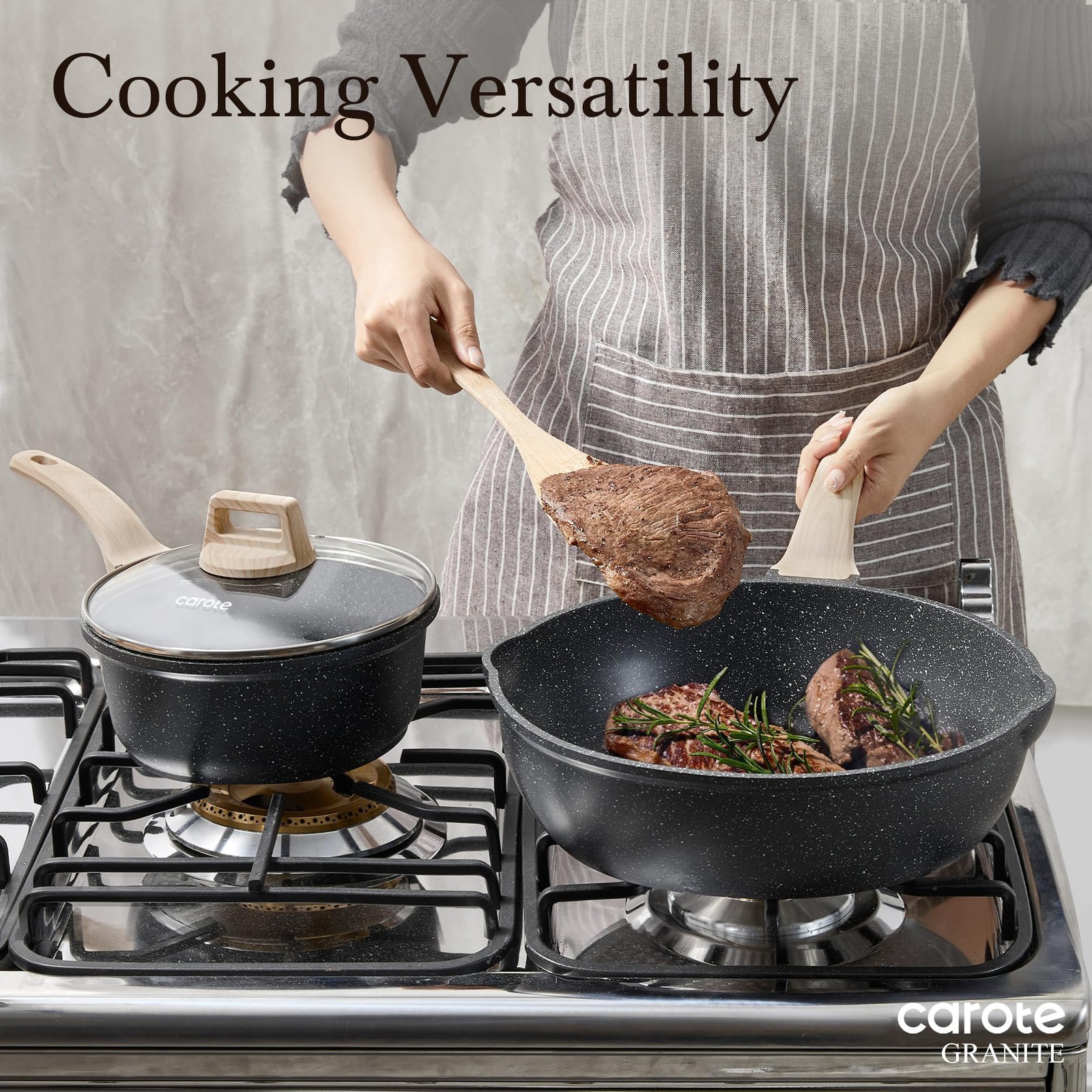 CAROTE 12 Inch Nonstick Deep Frying Pan with Lid, 5.5 Qt 12″, Classic Granite