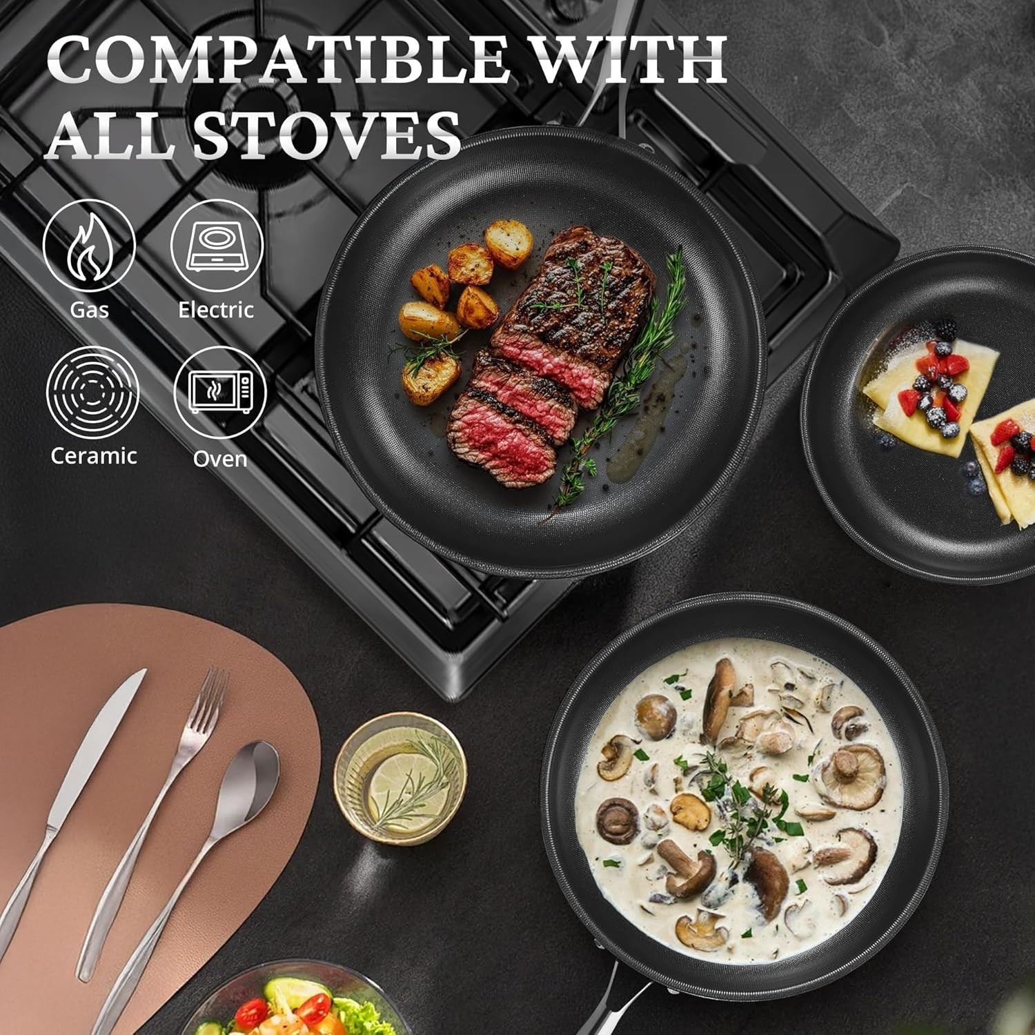 Nonstick Frying Pans with Lids, 8″, 10″, 12″ Titanium Ceramic Tri-Ply Stainless