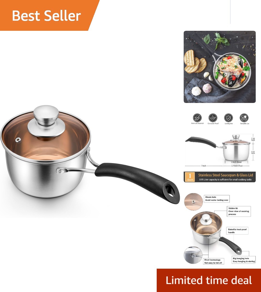 Versatile 1 Quart Saucepan: Non-Toxic Stainless Steel with Tempered Glass Lid