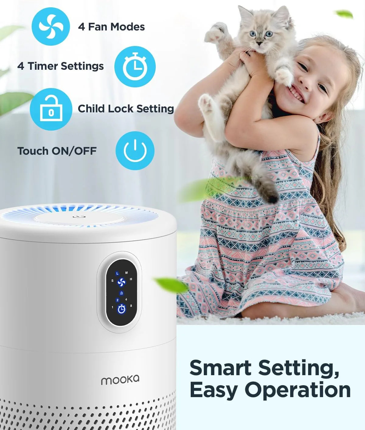 MOOKA Air Purifiers for Home Large Room up to 1076 ft², H13 True HEPA Air