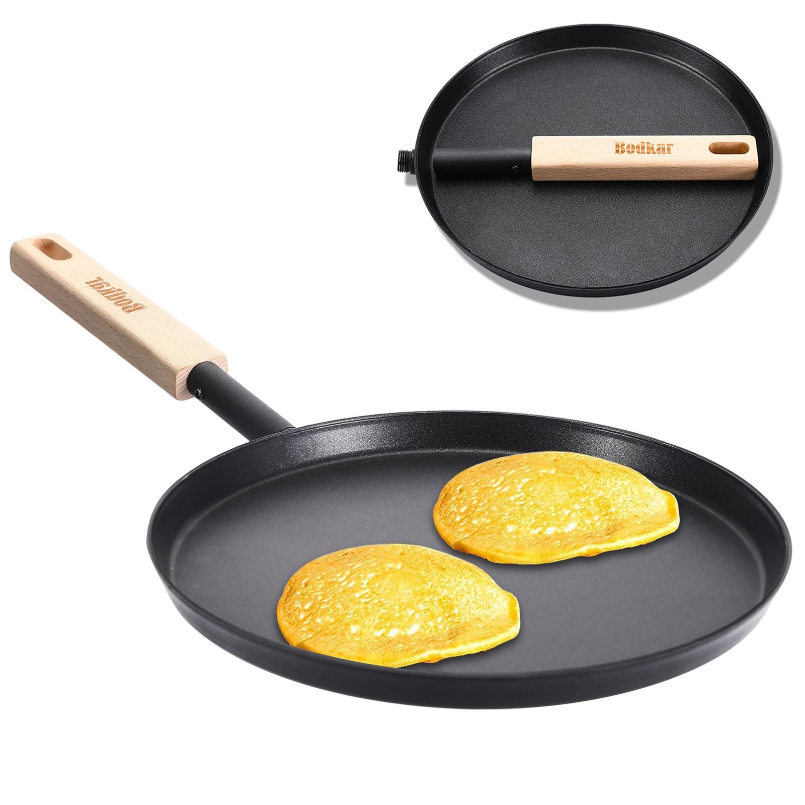 Frying Pan Skillet 8inch Flat Griddle Pan Lightweight Grill Pan With Wooden Hand