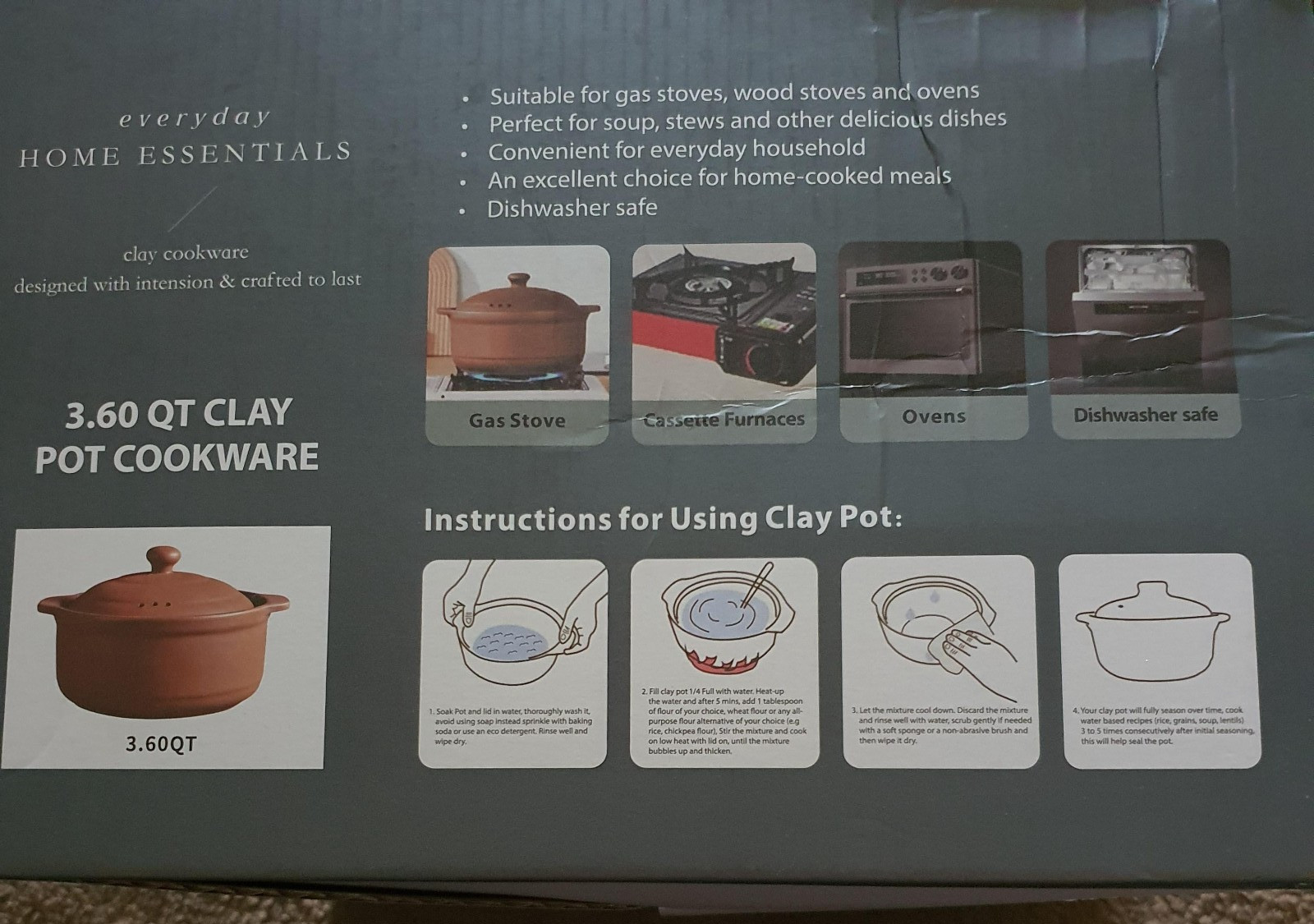 Home Essentials 3.60 QT Brown Clay Pot Cookware For Gas Wood Oven Stoves