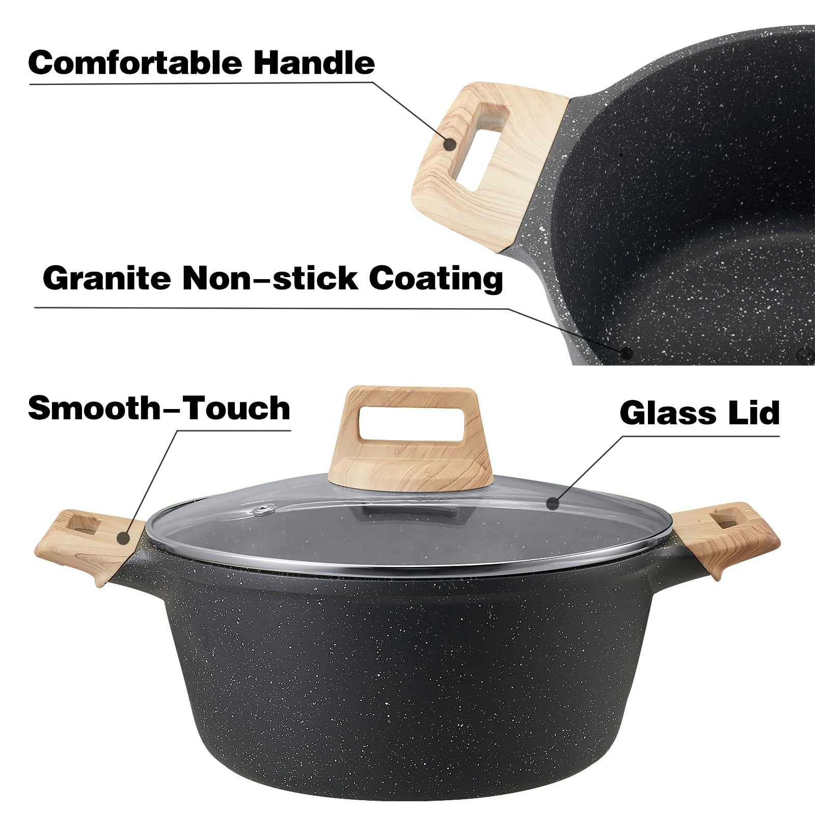 Gray Granite 4L 4.23Qt Quick Induction Nonstick Casserole Stock Pot Lid