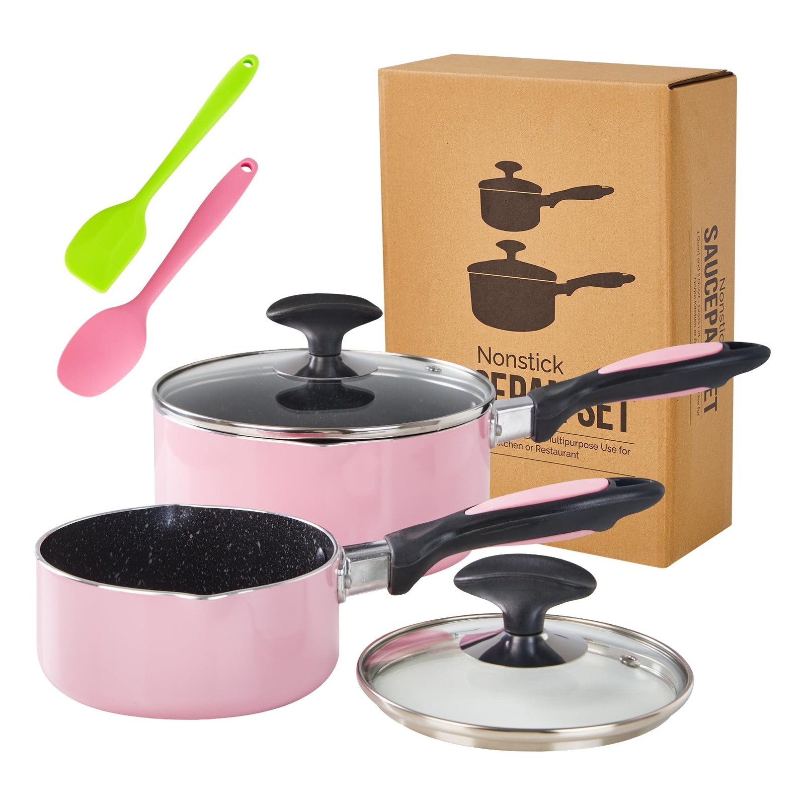 Nonstick Saucepan Set with Lid, Non Stick 1Qt & 2Qt 1QT+2QT(Pack of 1), Pink