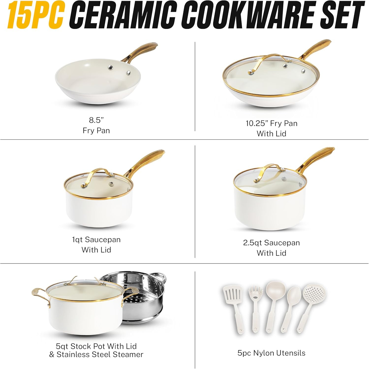 Gotham Steel 15 Pc Ceramic Cookware Set, Ceramic Pots and Pans Set Non Stick wit