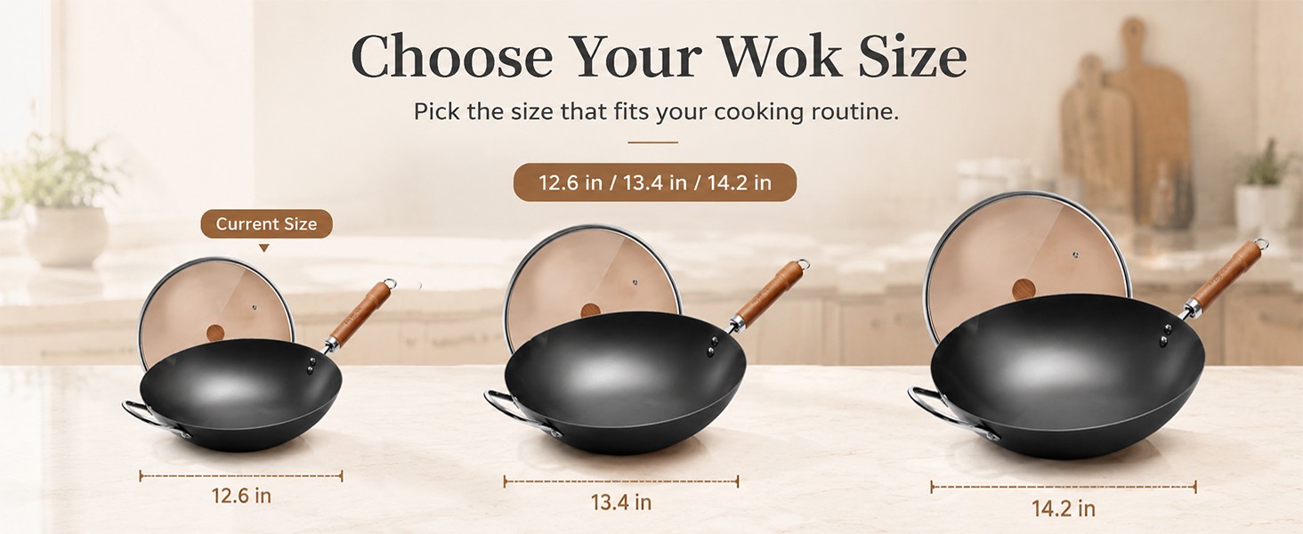 Carbon Steel Wok with Lid, 12.6 Inch Flat Bottom Wok Pan, Uncoated Stir Fry Pan