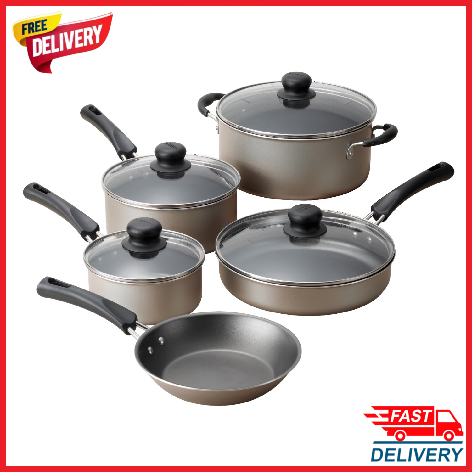 Tramontina 9 Piece Nonstick Cookware Set Pots and Pans Kitchen Cooking Champagne