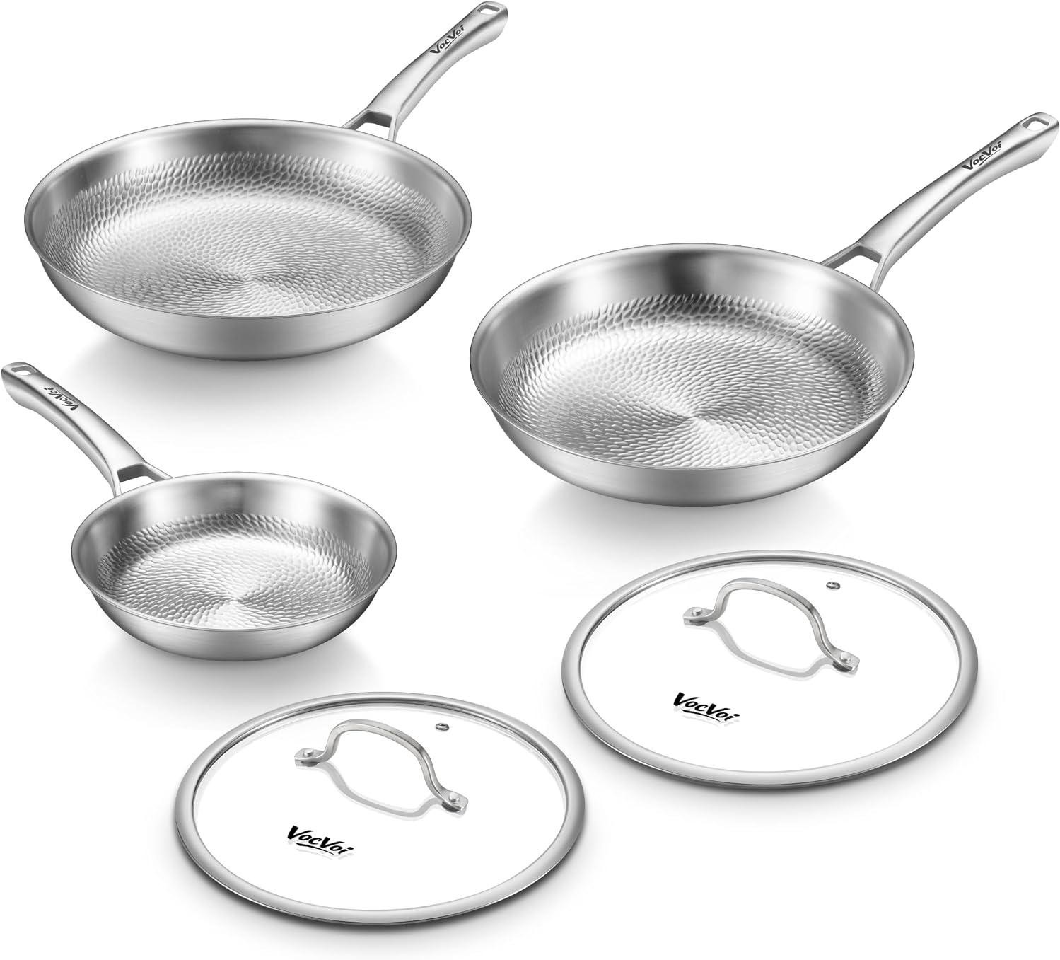 Titanium Pans for cooking, 8+10+12 Inch Titanium Hammered Pro pan with Lid