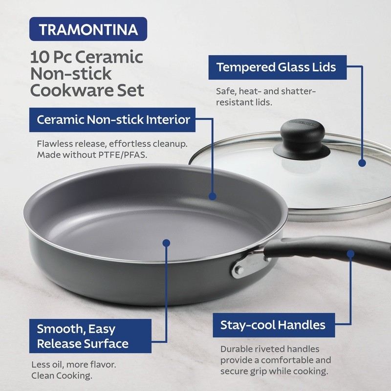 10 Piece Nonstick Ceramic Cookware Set W/ Stay Cool Handles & Glass Lids