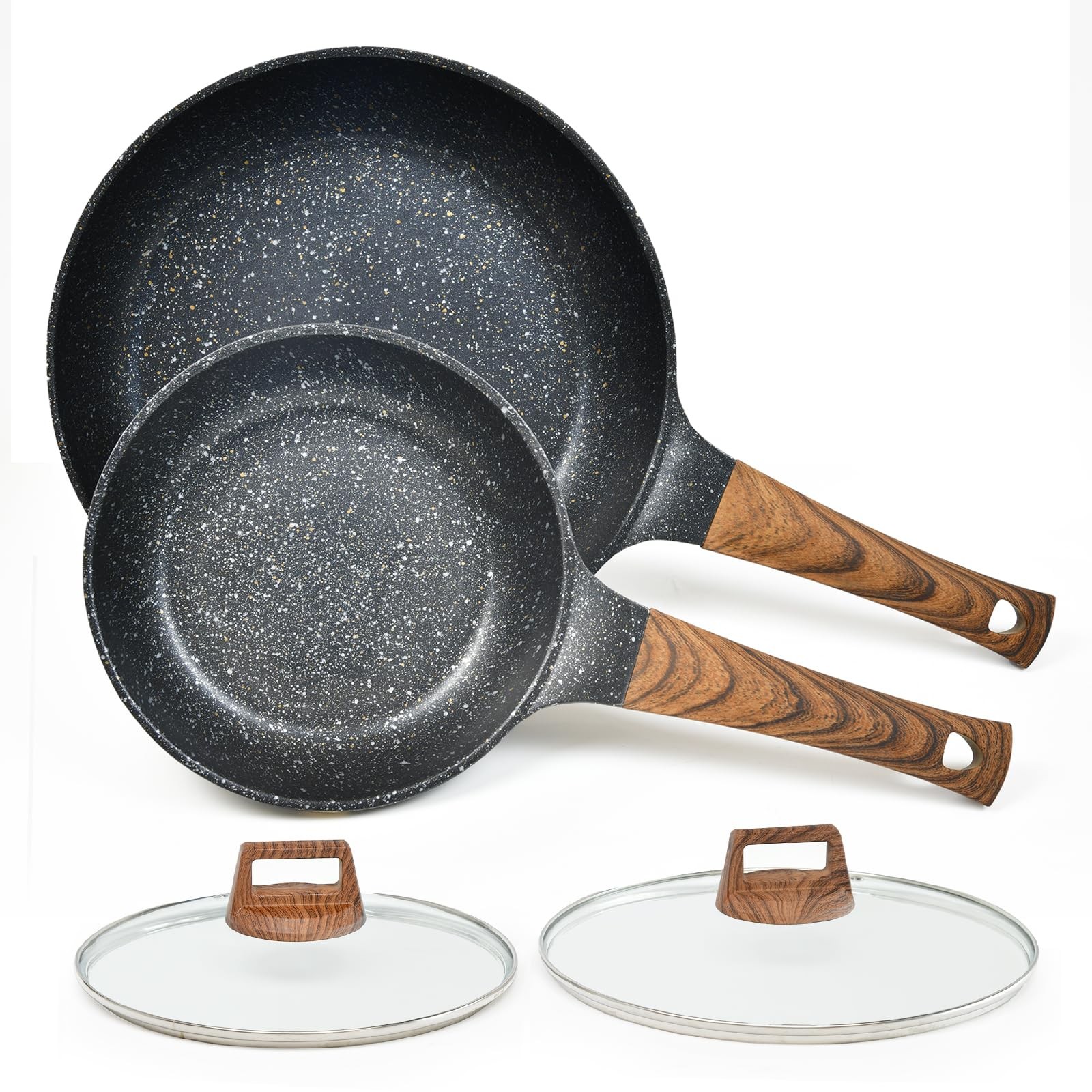 Nonstick Frying Pans Set with Lid, 10 In 11.5 In Aluminum Granite Coating Che…