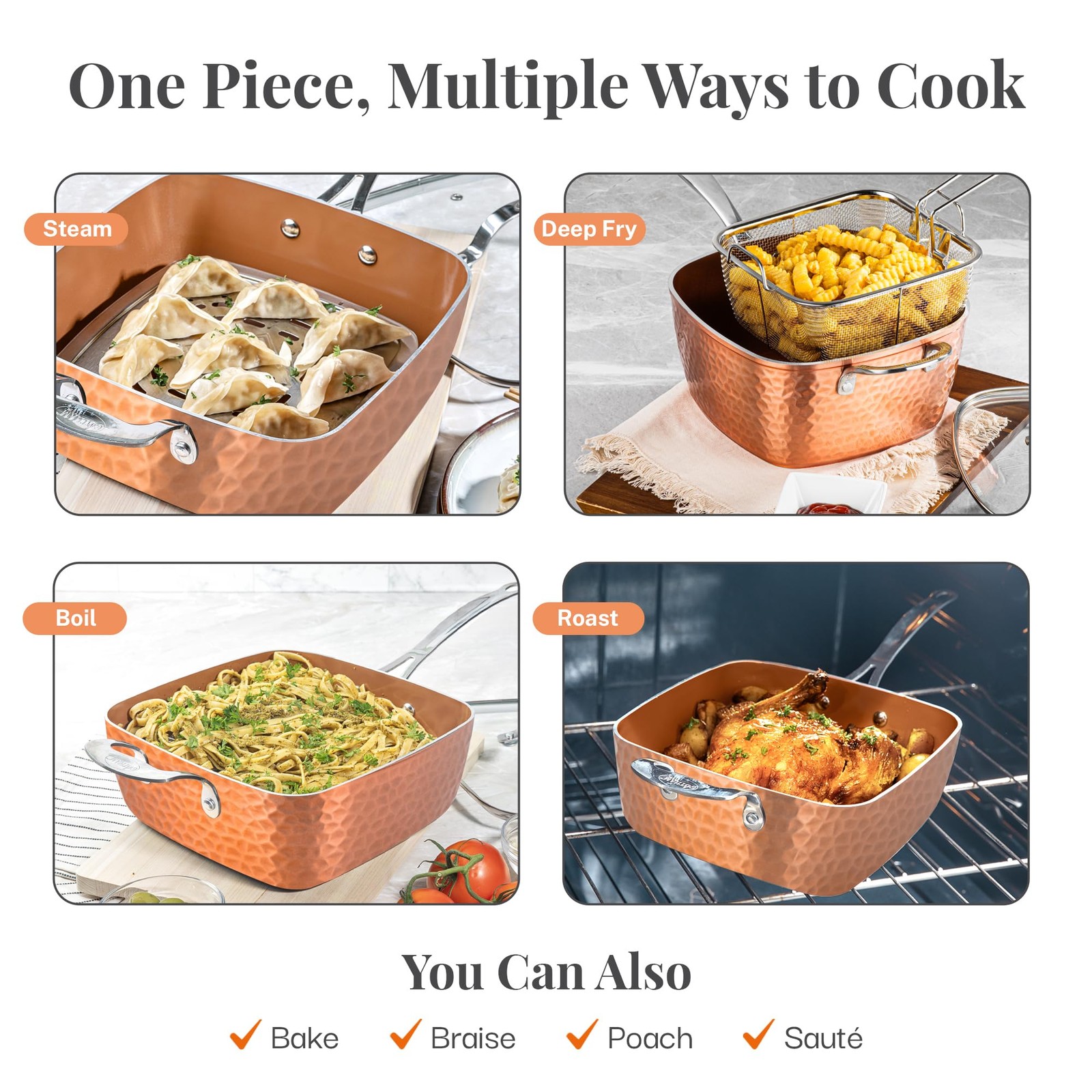Gotham Steel Nonstick Square Deep Frying Pan 9.5 Copper Ceramic Pot Lid Basket