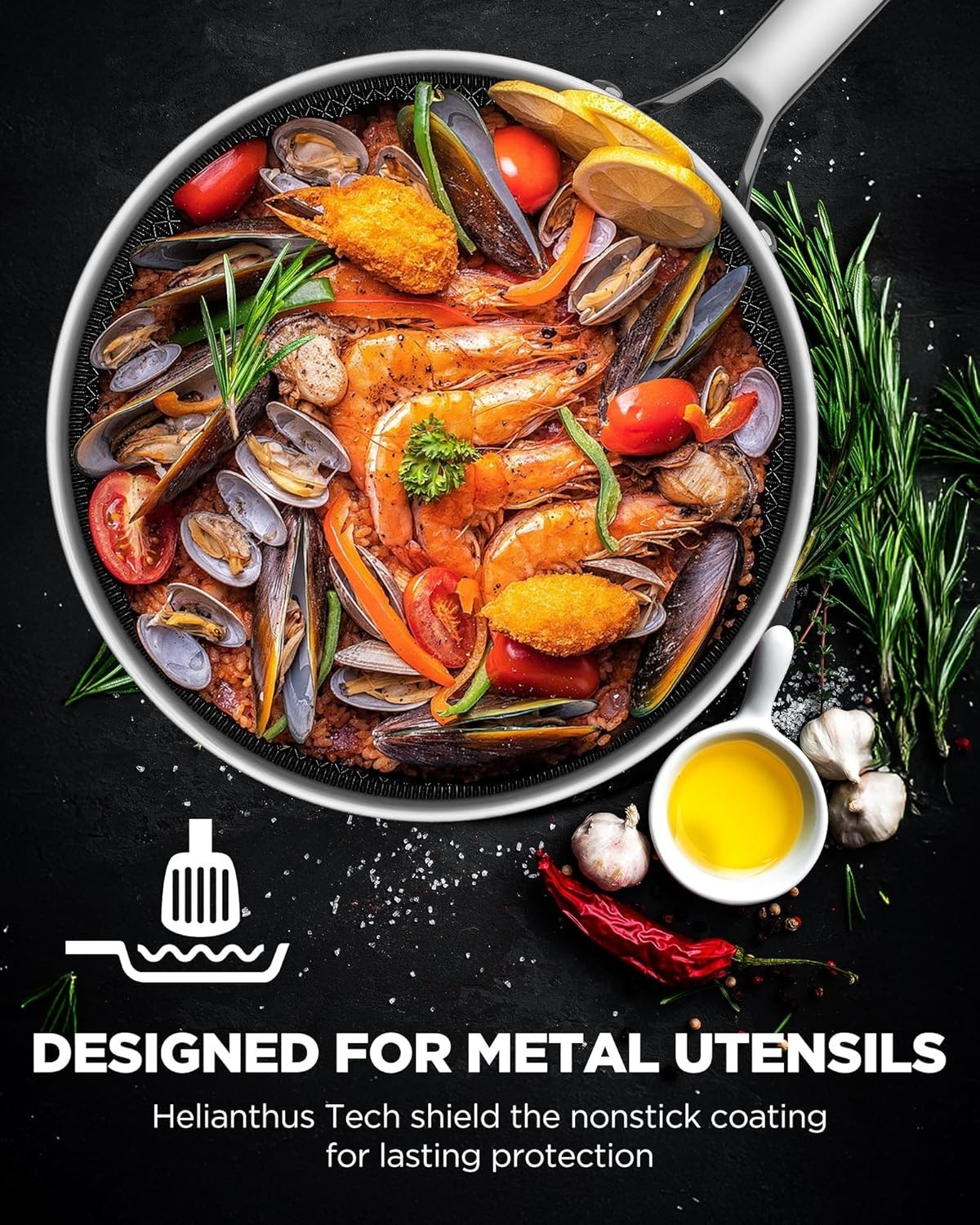Pots and Pans Set Hybrid Stainless Steel, 17PC Nonstick Tri-Ply Cookware Set w/F