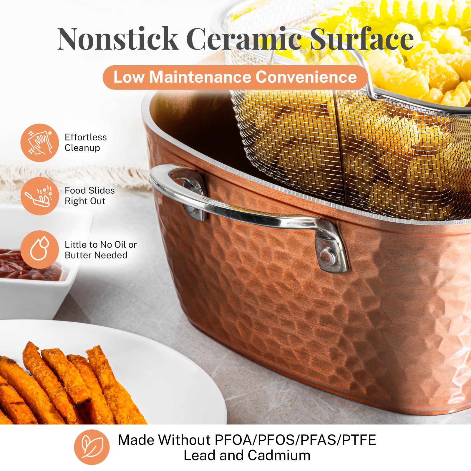 Gotham Steel Nonstick Square Deep Frying Pan 9.5 Copper Ceramic Pot Lid Basket