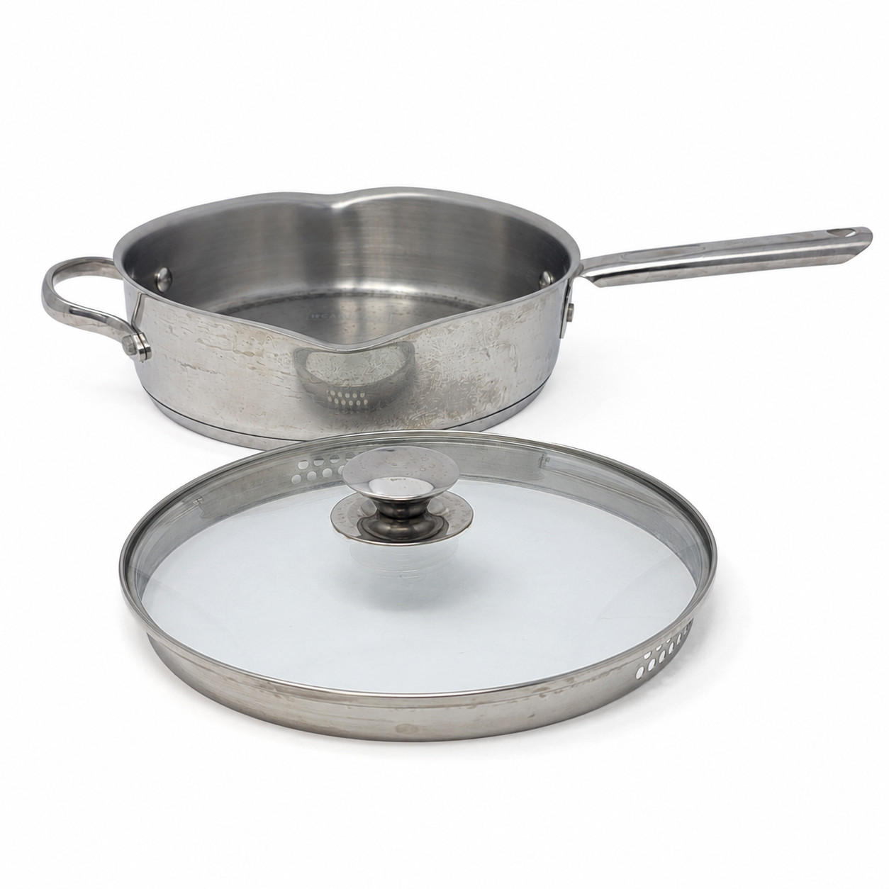 WearEver 10″ Stainless Steel Fry Pan Skillet Glass Strainer Lid Pour Spouts