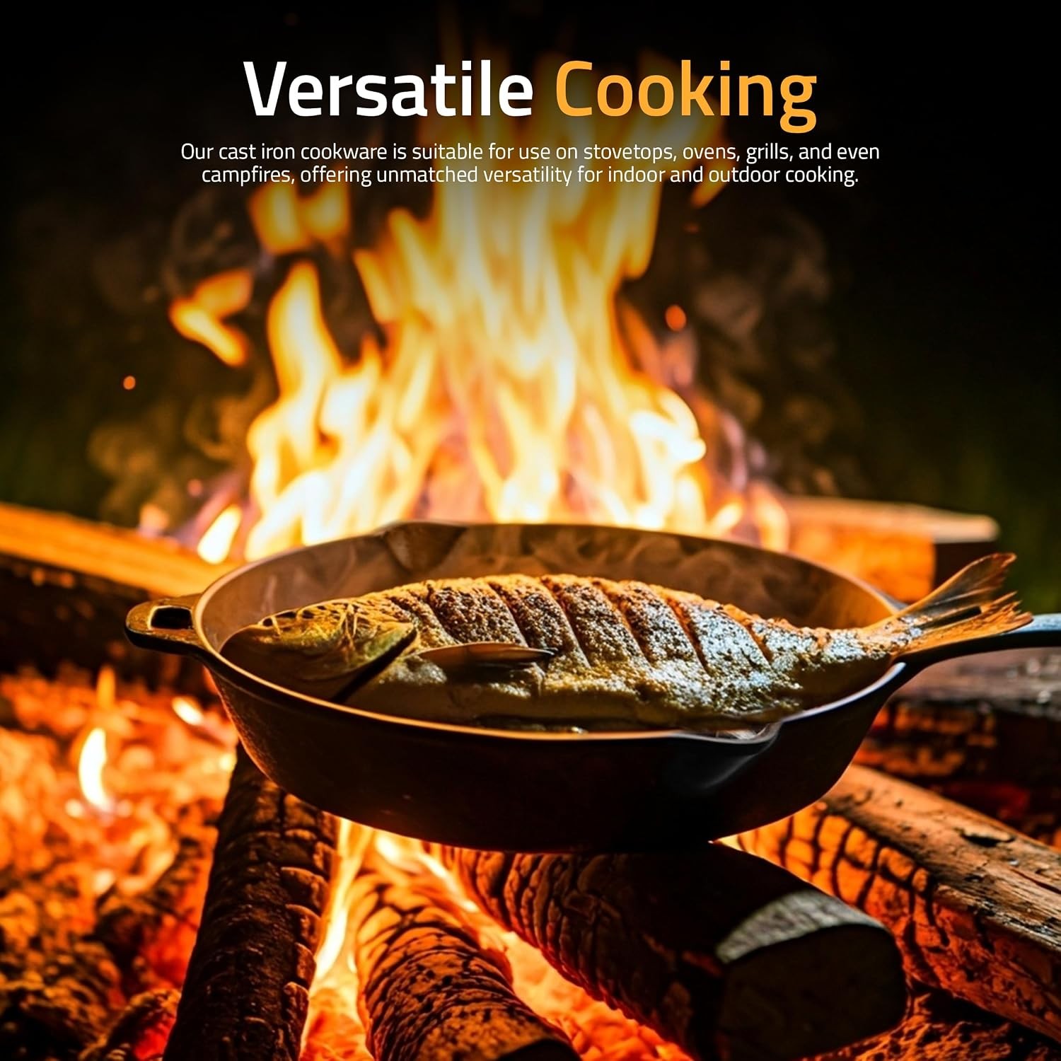 12″ Cast Iron Skillet Chefs Pan – Pre-Seasoned, Even Heat, PFAS-Free, Black
