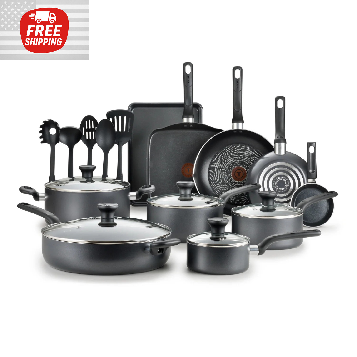 T-fal Ultimate Hard Anodized Nonstick 20 Piece Cookware Set, Grey