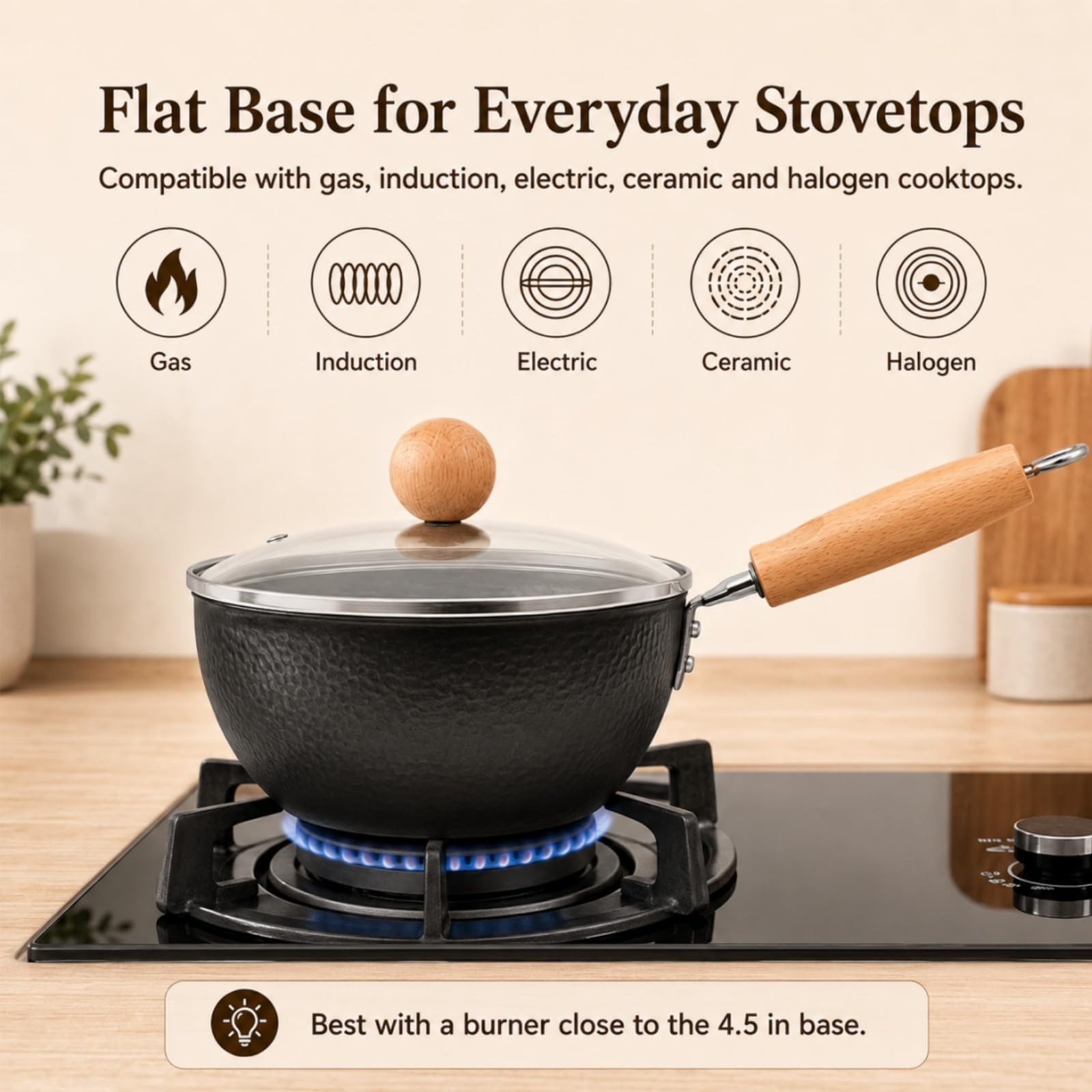1.5QT Hammered Iron Saucepan With Lid Ramen Milk Pot Wood Handle Camping