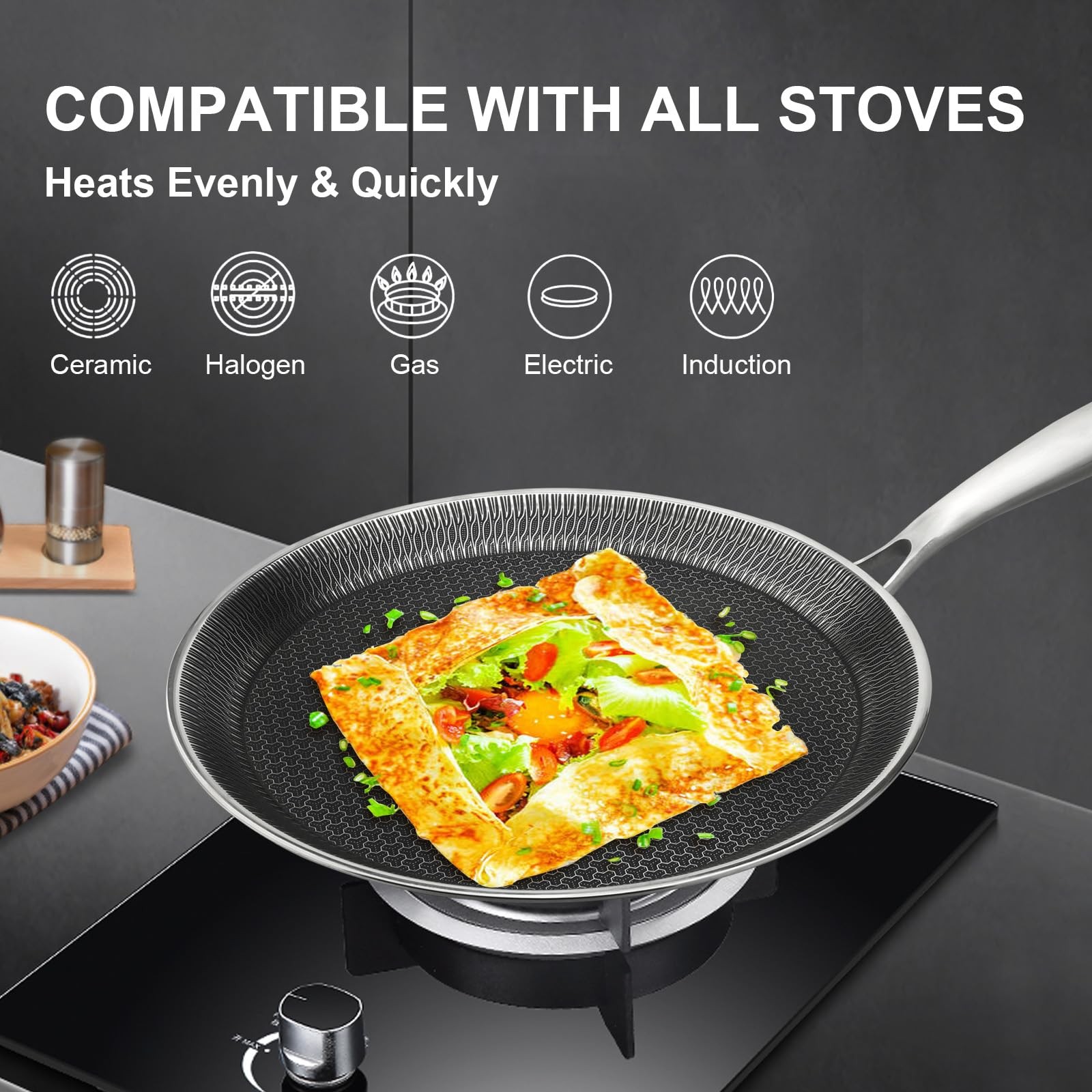 Nonstick Crepe Pan, 11Inch Stainless Steel Crepe Pan, Honeycomb Coating Flat Ski