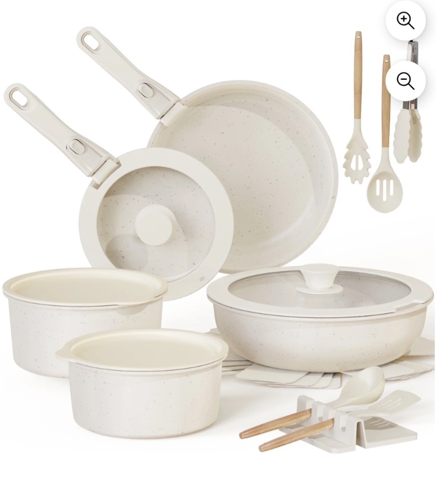 Astercook 20 Piece Cookware Set Non Stick Detachable Handles Cream White