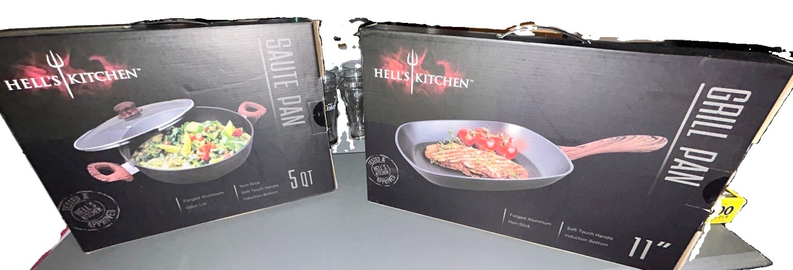 New Hell’s Kitchen 5Qt Saute Pan w/Lid + 11” Grill Pan Nonstick Aluminum