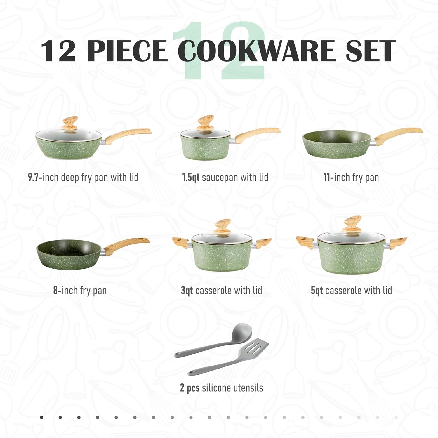 Pots and Pans Set Non Stick, 12 Piece Green Granite Kitchen Cookware Induction C