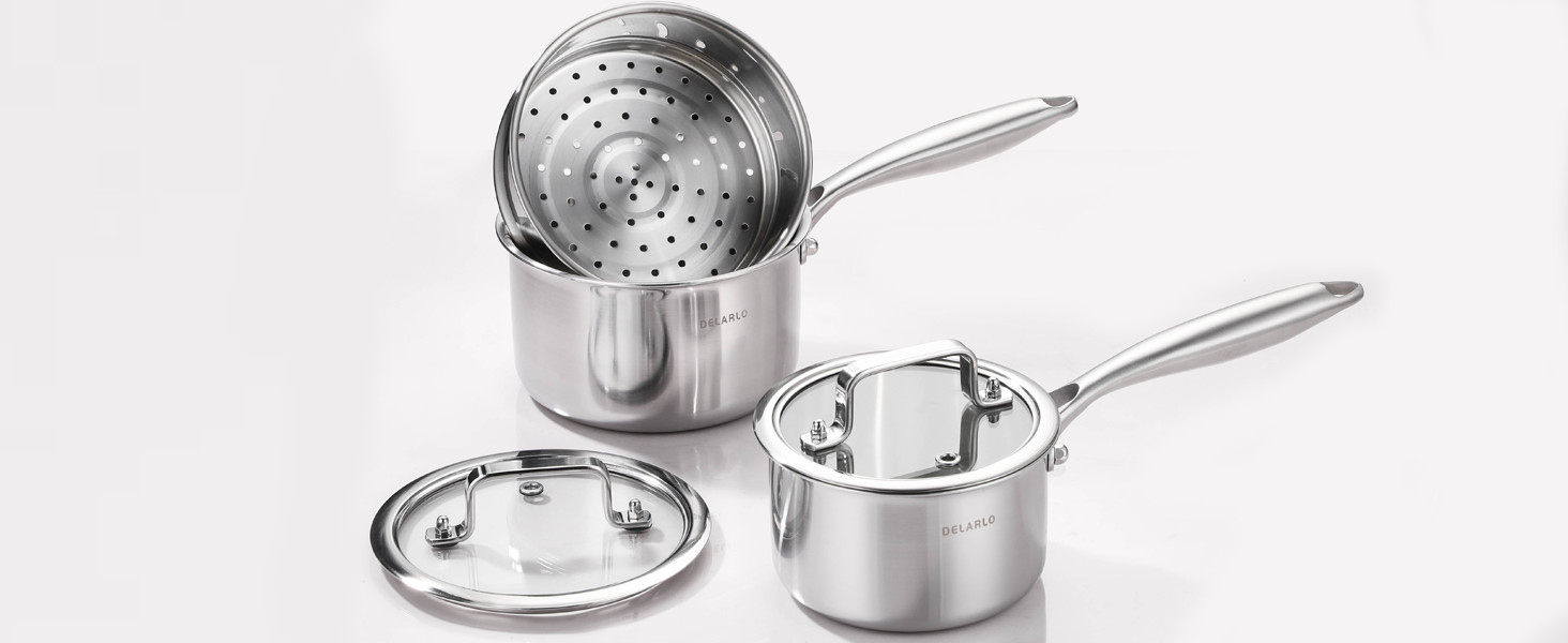 Kitchen Pot Set, Tri-Ply Stainless Steel Saucepan Set, 1.0QT 2QT 3.5QT, Cooking