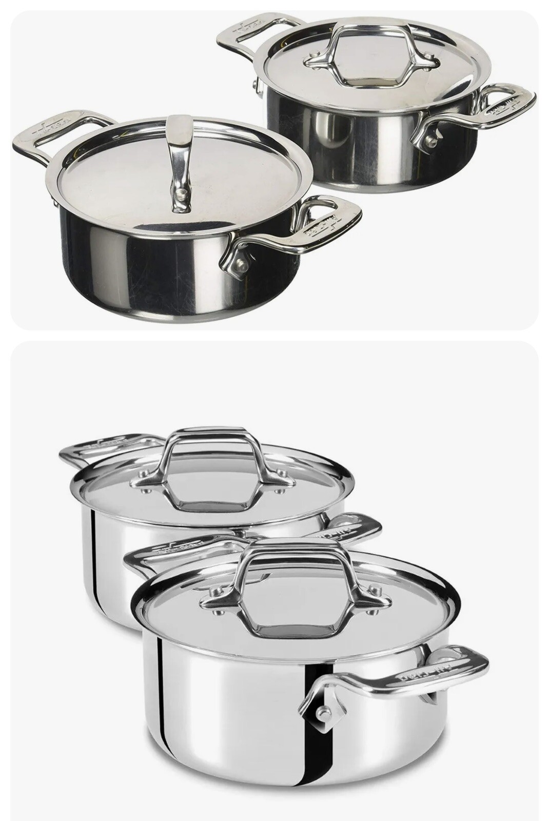 (4) All-Clad Stainless Steel Mini Cocotte 1/2 Qt Saucepan & Lid Single Serve NWT