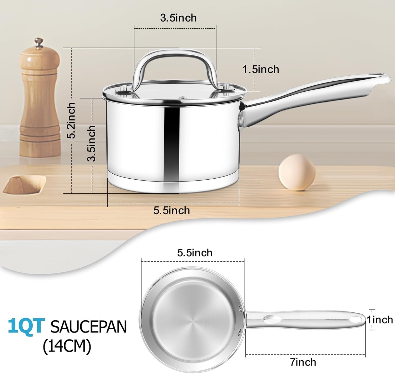 1 qt Saucepan, Stainless Steel Small Sauce Pan & Lid with Tri-ply Bottom for …