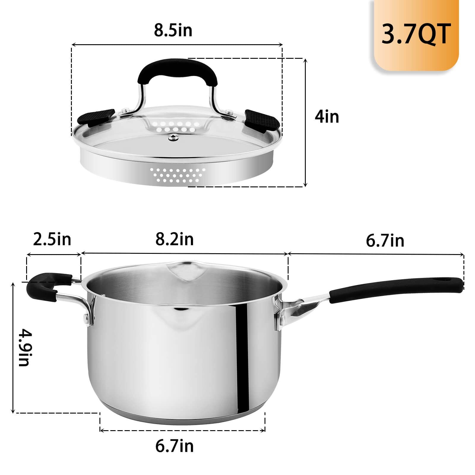 Rorence 3.7 Quart Glass Lid Stainless Steel Sauce Pan Two Sides Pour Silicone