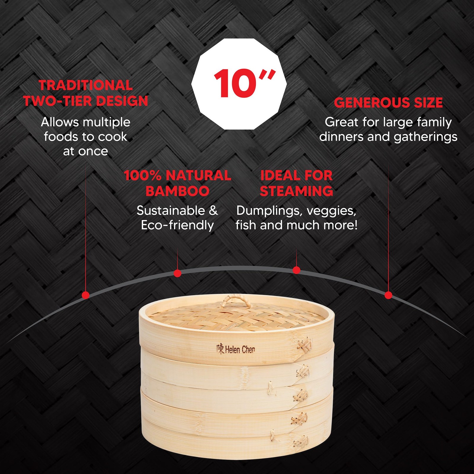 Helen’s Asian Kitchen Bamboo Food Steamer with Lid, 10-Inch