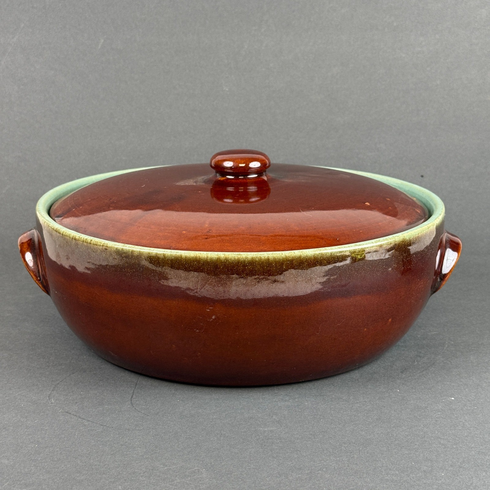Vtg Stoneware Large 13″ Covered Casserole Dish Brown Aqua Glaze Round w/ Lid