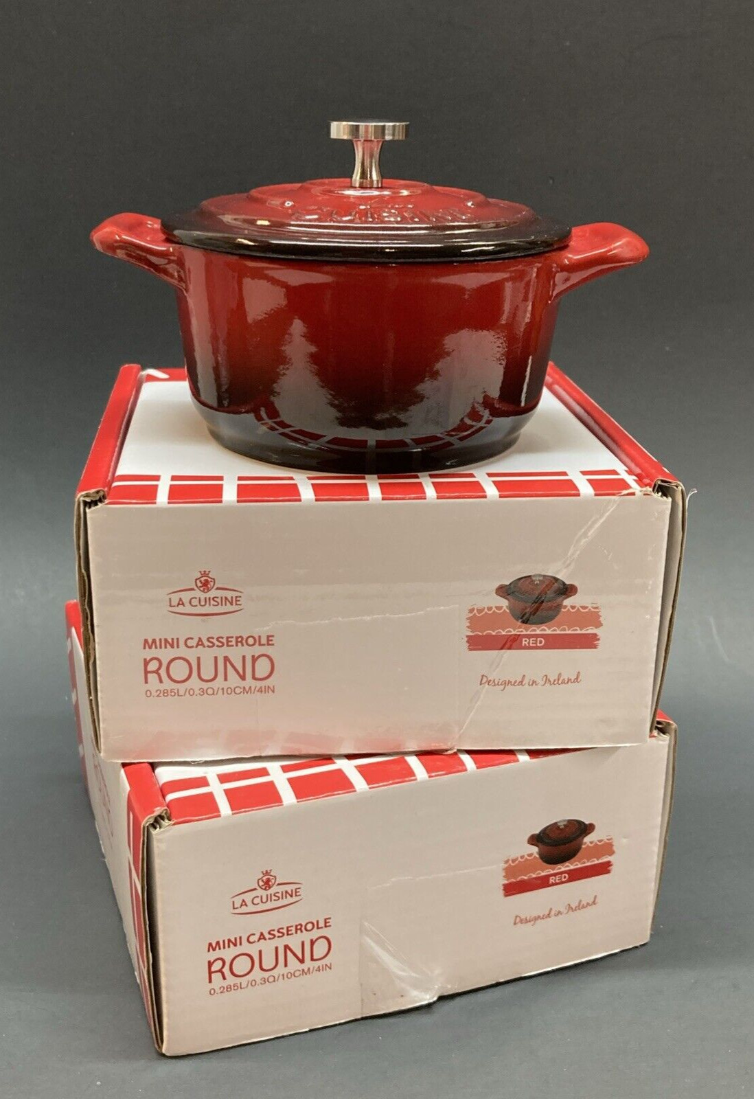 La Cuisine Red Mini Covered Enameled Casserole Round Ireland Set of 2 in Box