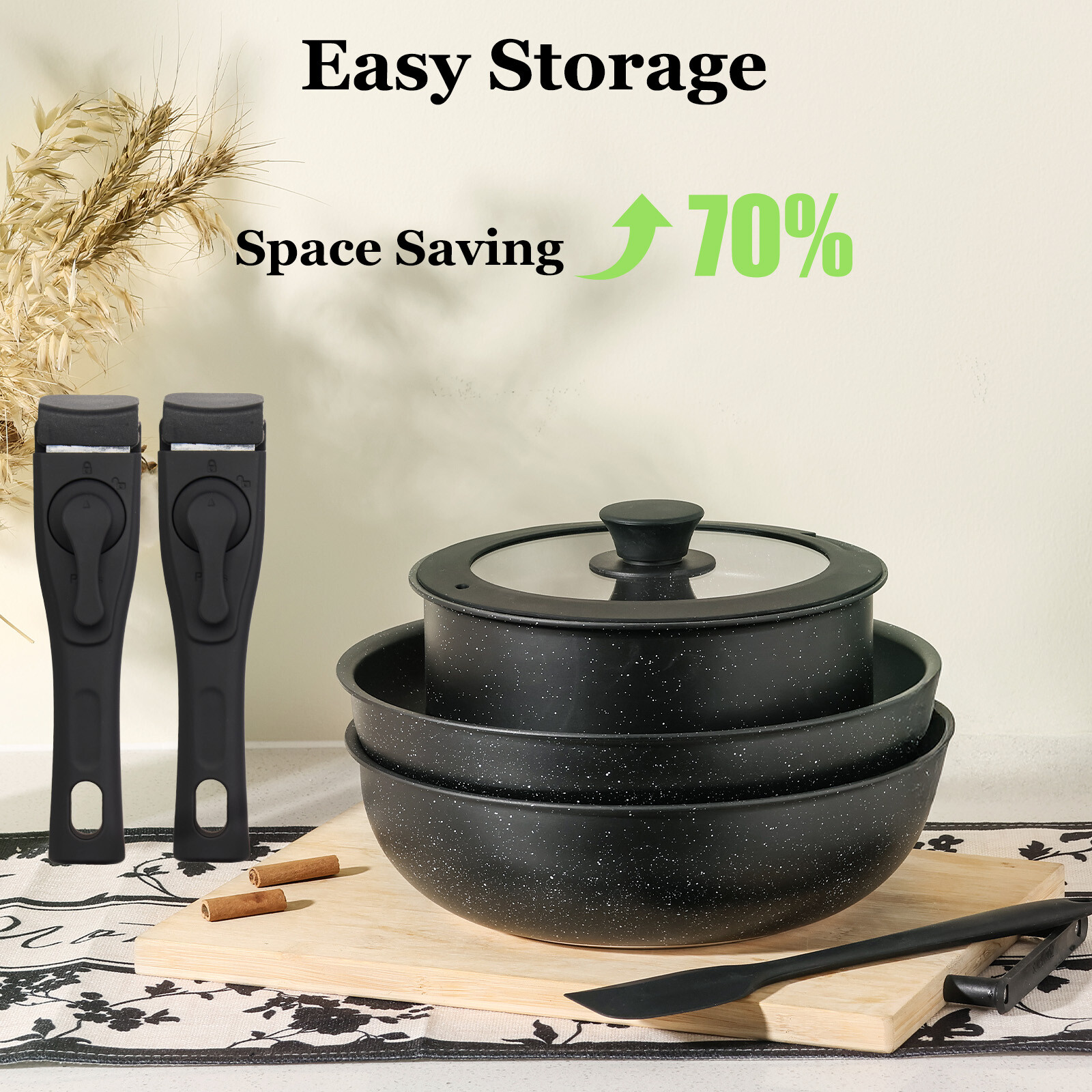 12pcs/set Non-Stick Pots Cookware w/Detachable Handle,Kitchen Pots and Pans Set